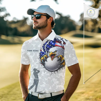 Personalized American Flag Skull Eagle Camo Golf Polo Shirts For Men, Patriotic Mens Golf Outfits NQS11649