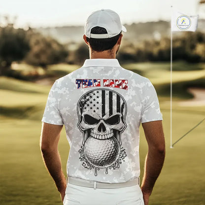 Personalized American Flag Skull Eagle Camo Golf Polo Shirts For Men, Patriotic Mens Golf Outfits NQS11649