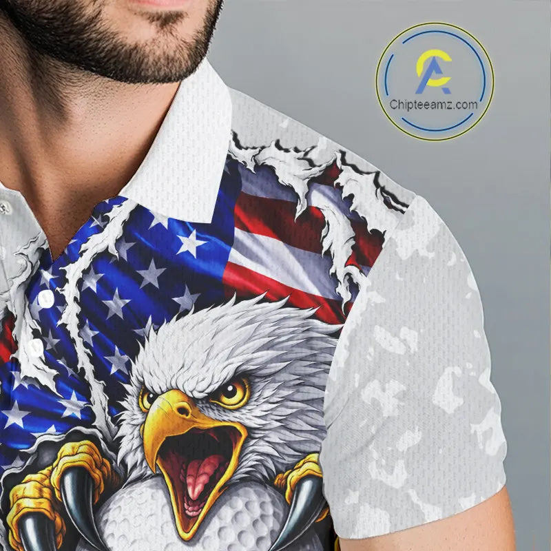 Personalized American Flag Skull Eagle Camo Golf Polo Shirts For Men, Patriotic Mens Golf Outfits NQS11649
