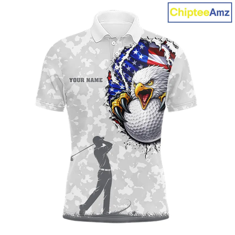 Personalized American Flag Skull Eagle Camo Golf Polo Shirts For Men, Patriotic Mens Golf Outfits NQS11649