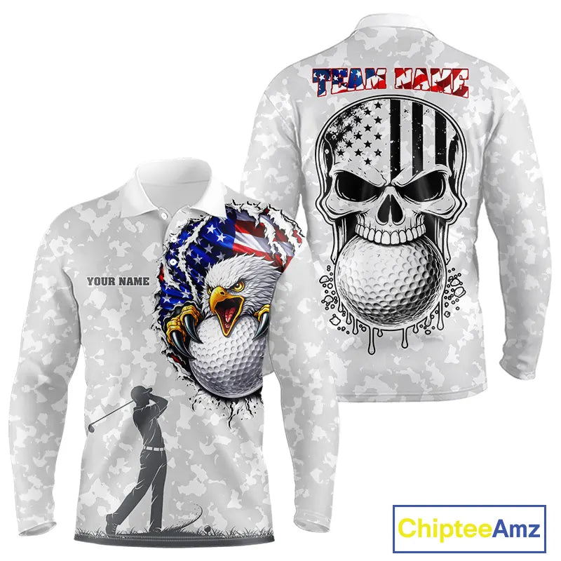 Personalized American Flag Skull Eagle Camo Golf Polo Shirts For Men, Patriotic Mens Golf Outfits NQS11649