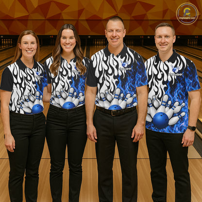 Black, White and Blue Flame Bowling Polo, Quarter Zip Shirts For Women Custom Bowling Team Jerseys NQS11739