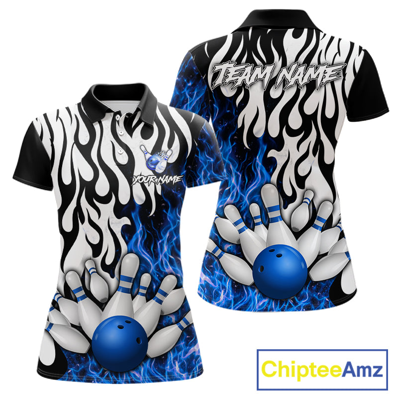 Black, White and Blue Flame Bowling Polo, Quarter Zip Shirts For Women Custom Bowling Team Jerseys NQS11739