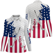 Load image into Gallery viewer, American flag golf clubs patriotic custom name white Womens golf polo shirts, team ladies golf tops NQS7470