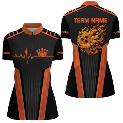 Black and orange Flame Bowling shirts for Women custom Bowling Ball Pins heartbeat team bowling shirts NQS7827