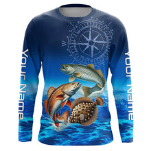 Load image into Gallery viewer, Personalized Redfish, trout, flounder Blue Performance Fishing Shirt, compass inshore tournament Shirt NQS5941