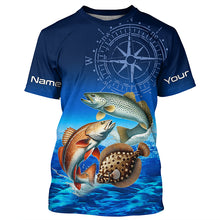 Load image into Gallery viewer, Personalized Redfish, trout, flounder Blue Performance Fishing Shirt, compass inshore tournament Shirt NQS5941