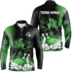 Black and Green Flame Bowling Shirts For Men Custom Bowling Team League Jerseys, Gift For Bowlers NQS8473