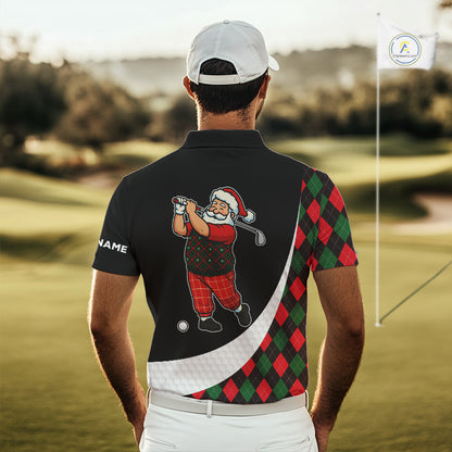 Funny Santa Golf Christmas Mens Polo Shirt green and red argyle pattern Custom Golf outfit For Men NQS11053