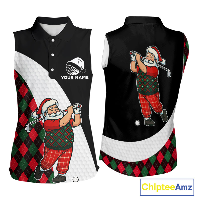 Funny Santa Golf Christmas Sleeveless Polo Shirt green & red argyle pattern Custom Ladies Golf outfit NQS11053