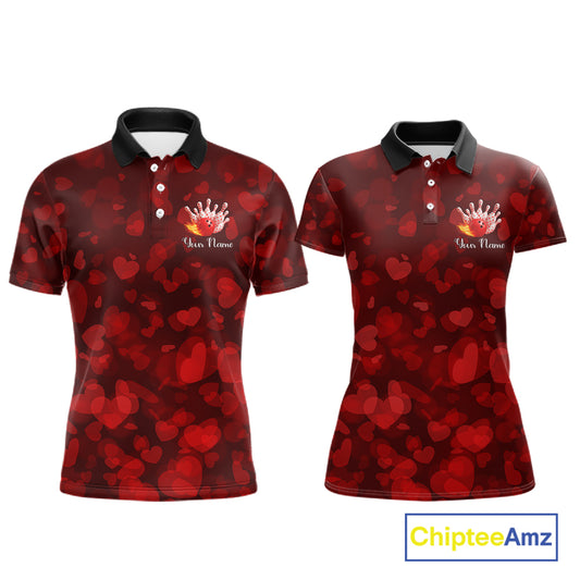 Red Hearts pattern Valentine matching bowling shirts for couples Custom Bowling Couple Outfits NQS11251