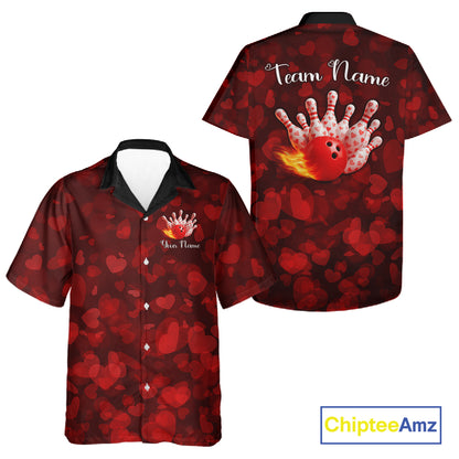 Red Hearts pattern Valentine Bowling Hawaiian shirts Custom Bowling Couple Outfits NQS11251