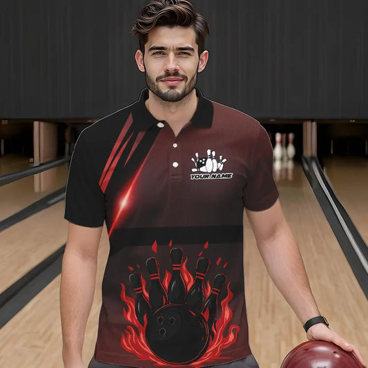 Black And Red Flame Bowling Ball and pins Bowling Shirts For Men Custom Team Bowling Jerseys NQS9387