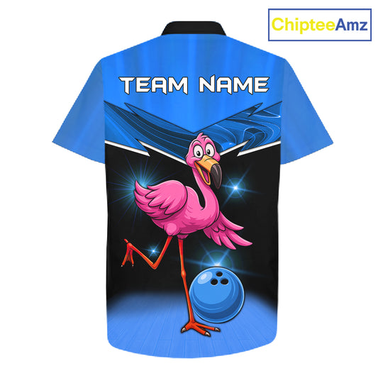 Funny Pink Flamingo Bowling Hawaiian Shirt Custom Flamingo Team bowling button-up shirt | Blue NQS11653