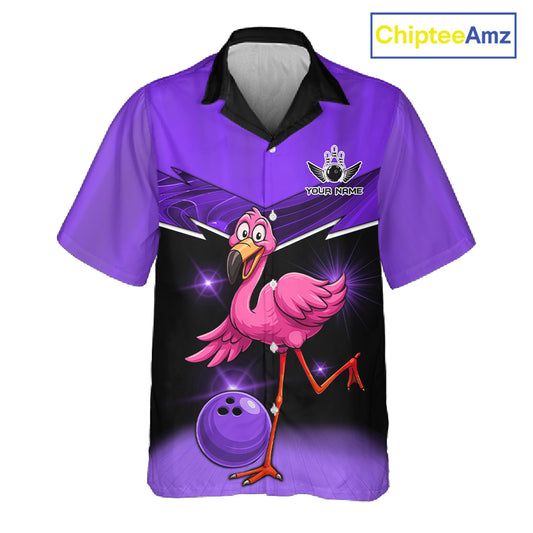Funny Pink Flamingo Bowling Hawaiian Shirt Custom Flamingo Team bowling button-up shirt | Purple NQS11655