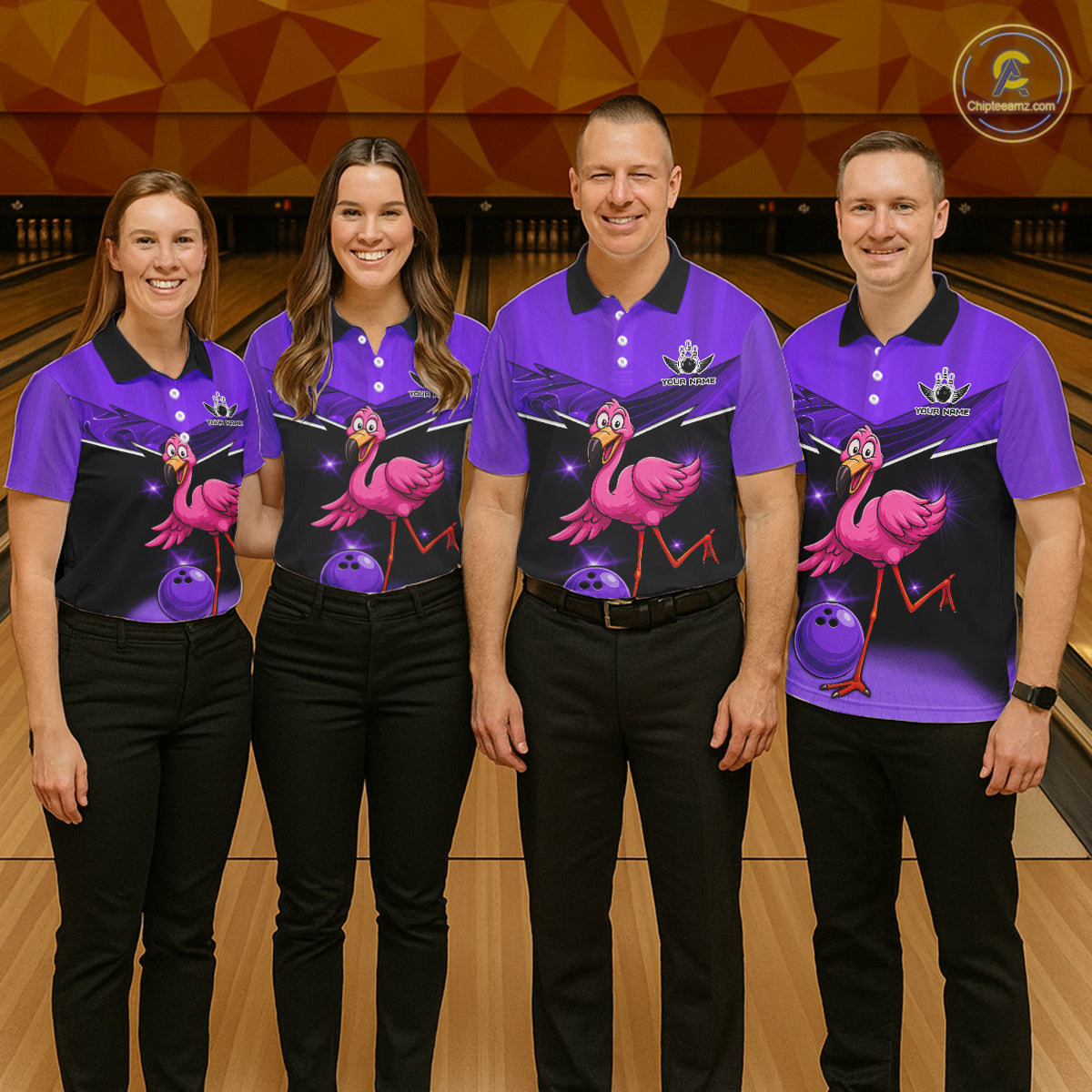 Funny Pink Flamingo Bowling Polo, 1/4 zip shirt for Women Custom Flamingo Team bowling outfit| Purple NQS11655