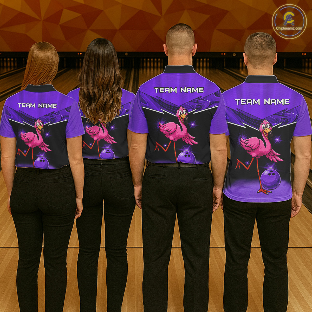 Funny Pink Flamingo Bowling Polo, 1/4 zip shirt for Women Custom Flamingo Team bowling outfit| Purple NQS11655