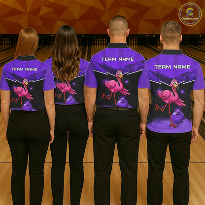 Funny Pink Flamingo Bowling Polo, 1/4 zip shirt for Women Custom Flamingo Team bowling outfit| Purple NQS11655