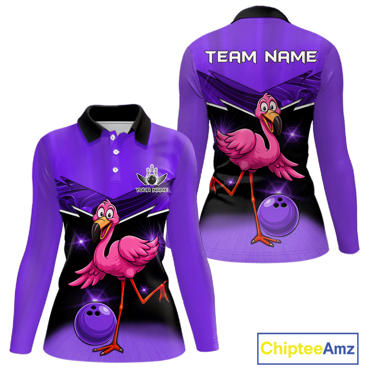 Funny Pink Flamingo Bowling Polo, 1/4 zip shirt for Women Custom Flamingo Team bowling outfit| Purple NQS11655