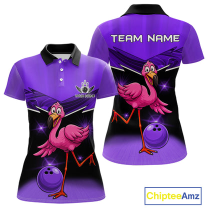 Funny Pink Flamingo Bowling Polo, 1/4 zip shirt for Women Custom Flamingo Team bowling outfit| Purple NQS11655