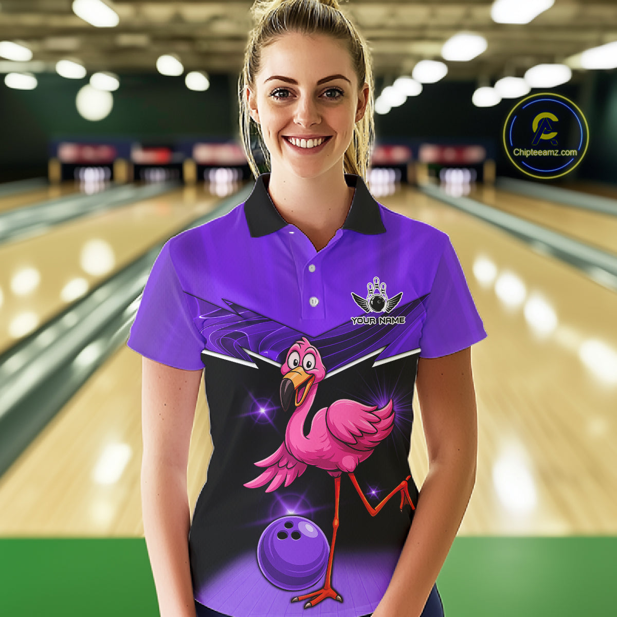Funny Pink Flamingo Bowling Polo, 1/4 zip shirt for Women Custom Flamingo Team bowling outfit| Purple NQS11655
