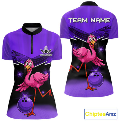 Funny Pink Flamingo Bowling Polo, 1/4 zip shirt for Women Custom Flamingo Team bowling outfit| Purple NQS11655
