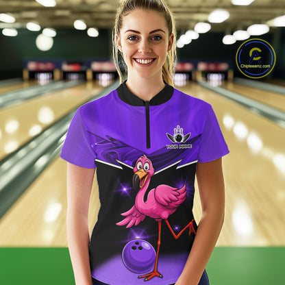 Funny Pink Flamingo Bowling Polo, 1/4 zip shirt for Women Custom Flamingo Team bowling outfit| Purple NQS11655