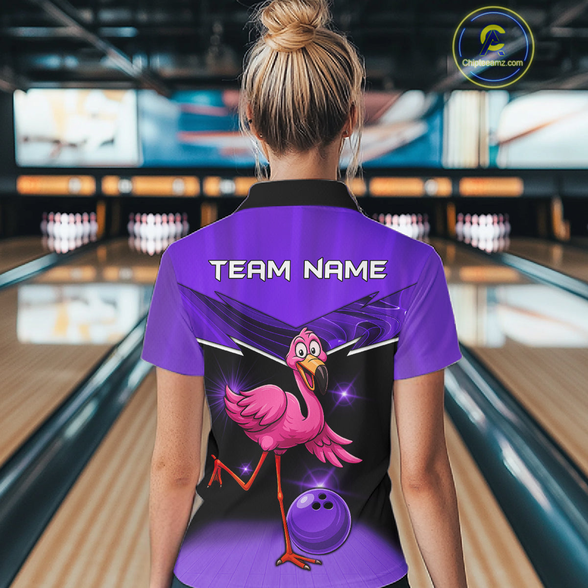 Funny Pink Flamingo Bowling Polo, 1/4 zip shirt for Women Custom Flamingo Team bowling outfit| Purple NQS11655