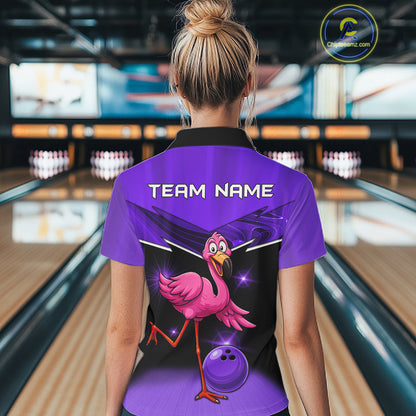 Funny Pink Flamingo Bowling Polo, 1/4 zip shirt for Women Custom Flamingo Team bowling outfit| Purple NQS11655
