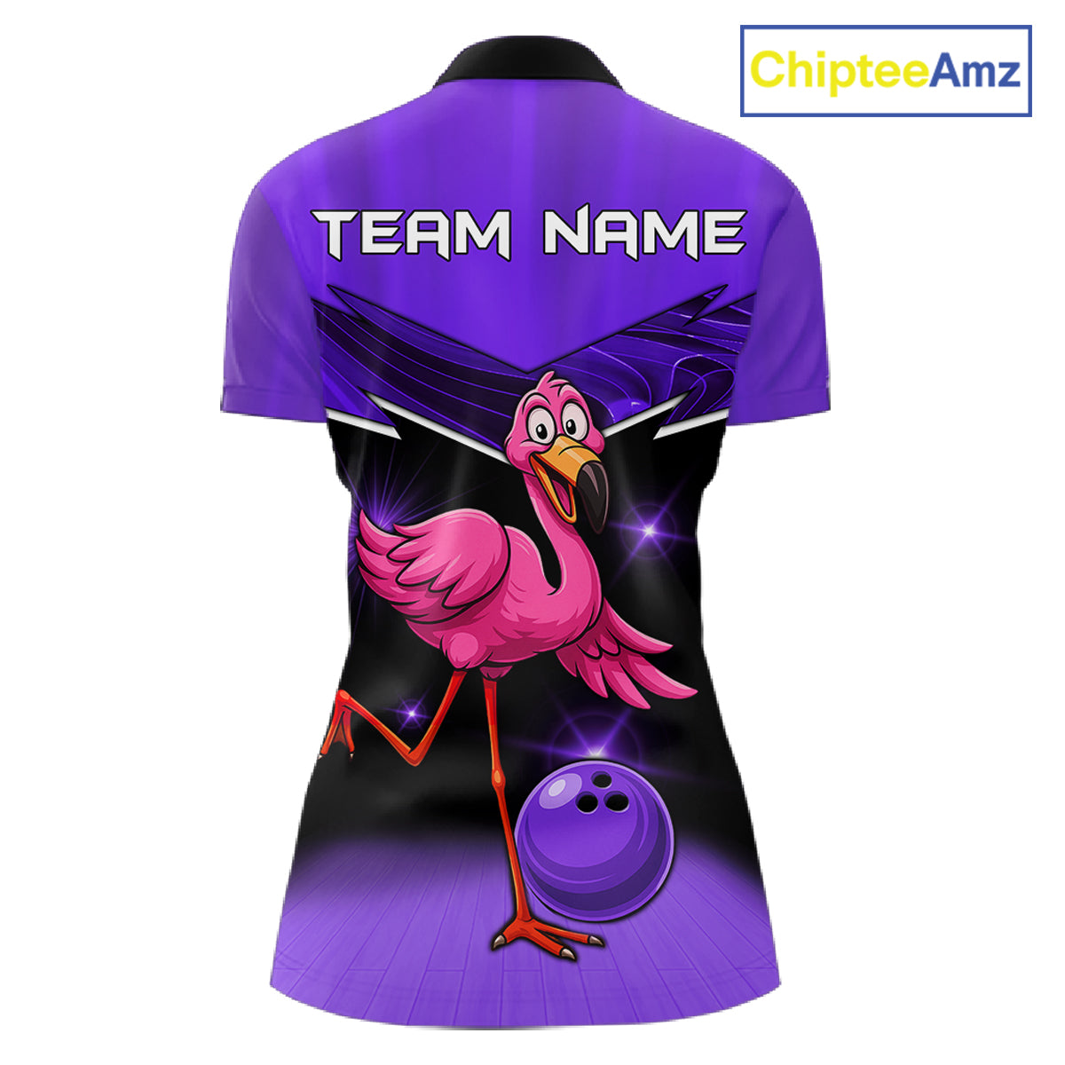 Funny Pink Flamingo Bowling Polo, 1/4 zip shirt for Women Custom Flamingo Team bowling outfit| Purple NQS11655