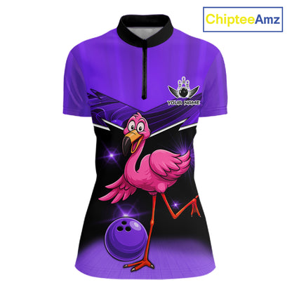 Funny Pink Flamingo Bowling Polo, 1/4 zip shirt for Women Custom Flamingo Team bowling outfit| Purple NQS11655