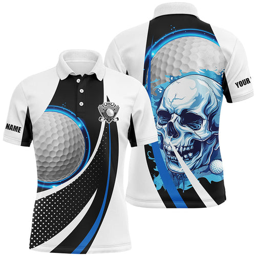 Black and white Golf Skull Mens golf polo shirt custom golf attire for men, gifts for golfer | Blue NQS7484