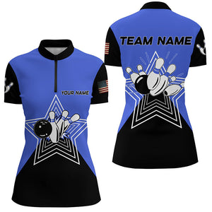 Blue and Black retro bowling ball pins star custom Women's bowling Polo, Quarter Zip shirt team jersey NQS7830