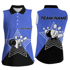 Blue and Black retro bowling ball pins star custom Women's bowling sleeveless polo shirt team jerseys NQS7830