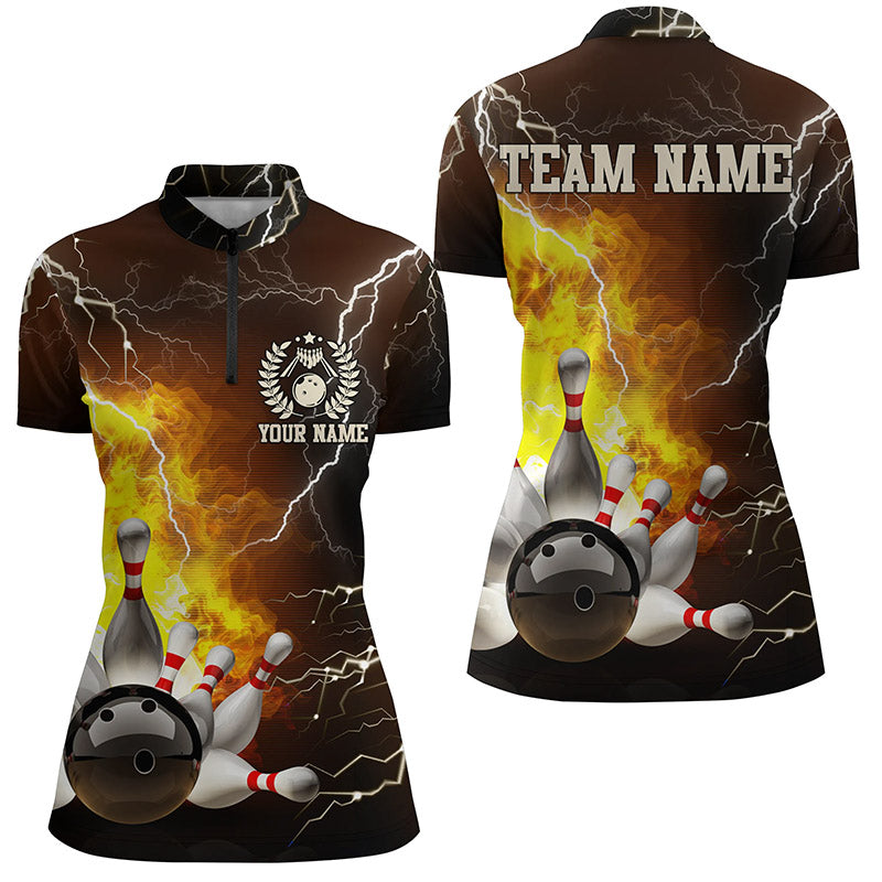 Womens Quarter Zip shirts Custom flame lightning thunder Bowling Team Jersey, Bowling League Shirt NQS6150