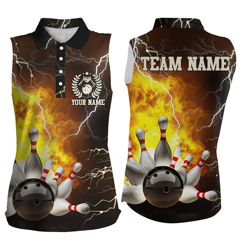 Women sleeveless polo shirts Custom flame lightning thunder Bowling Team Jersey, Bowling League Shirt NQS6150