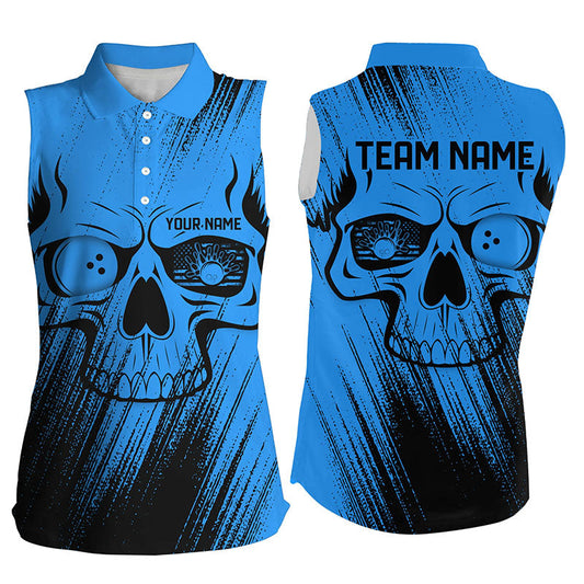 Blue Grunge Skull Bowling Sleeveless Polo Shirt For Women Custom Bowling Team League Jerseys NQS8478