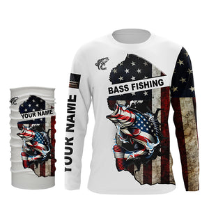 American flag largemouth Bass patriotic fishing UV long sleeve shirts Custom fishing apparel NQS1178