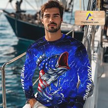 Load image into Gallery viewer, American Flag Largemouth Bass Fishing Custom patriotic Bass performance fishing apparel | Blue NQS11060