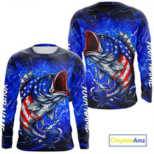 Load image into Gallery viewer, American Flag Largemouth Bass Fishing Custom patriotic Bass performance fishing apparel | Blue NQS11060