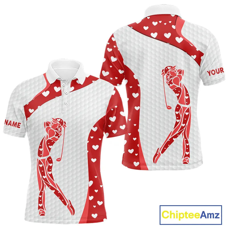 Personalized Red Hearts pattern golf white Mens golf polo shirts custom name Valentine golf gifts NQS11259