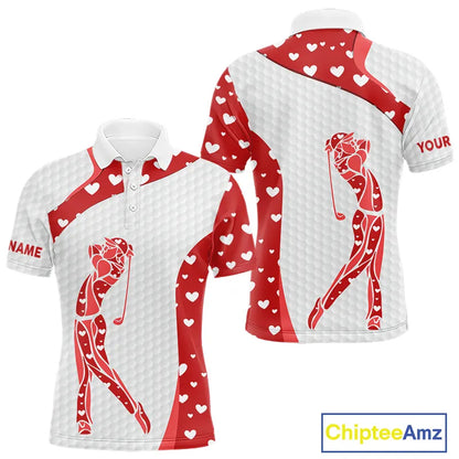 Personalized Red Hearts pattern golf white Mens golf polo shirts custom name Valentine golf gifts NQS11259