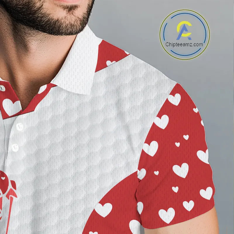 Personalized Red Hearts pattern golf white Mens golf polo shirts custom name Valentine golf gifts NQS11259