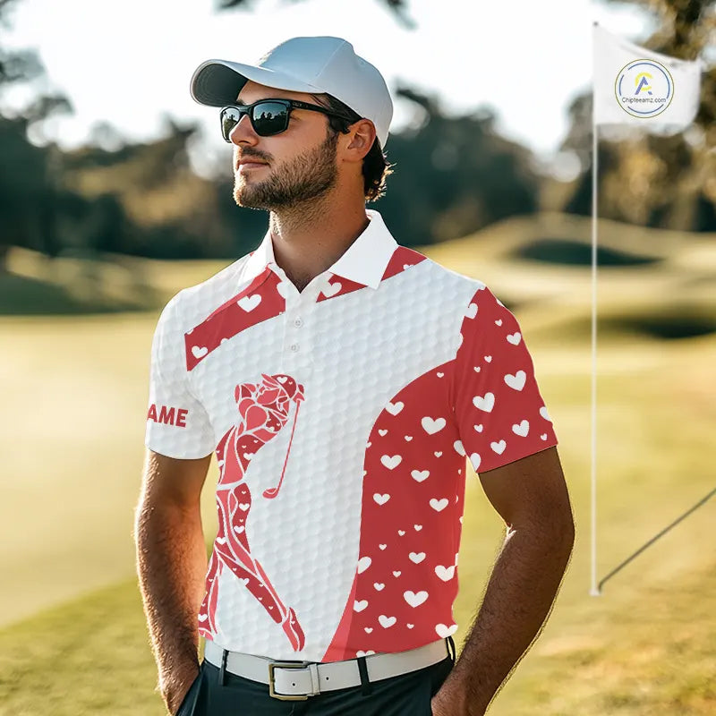 Personalized Red Hearts pattern golf white Mens golf polo shirts custom name Valentine golf gifts NQS11259