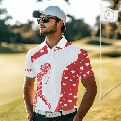 Personalized Red Hearts pattern golf white Mens golf polo shirts custom name Valentine golf gifts NQS11259