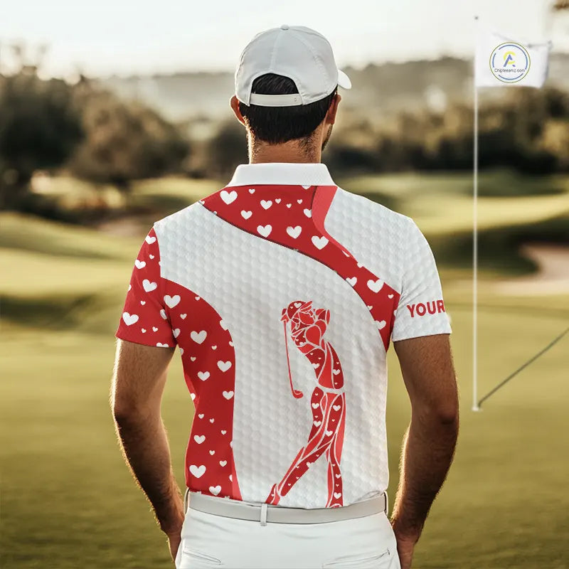 Personalized Red Hearts pattern golf white Mens golf polo shirts custom name Valentine golf gifts NQS11259
