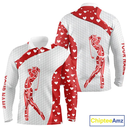Personalized Red Hearts pattern golf white Mens golf polo shirts custom name Valentine golf gifts NQS11259