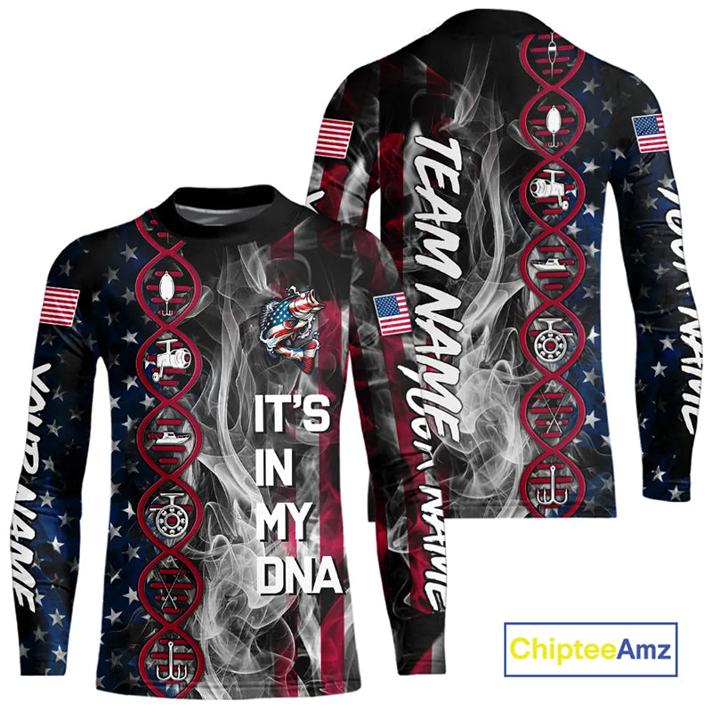 Personalized Red, White & Blue Smoke American Flag Patriotic Largemouth Bass Fishing shirts NQS11267