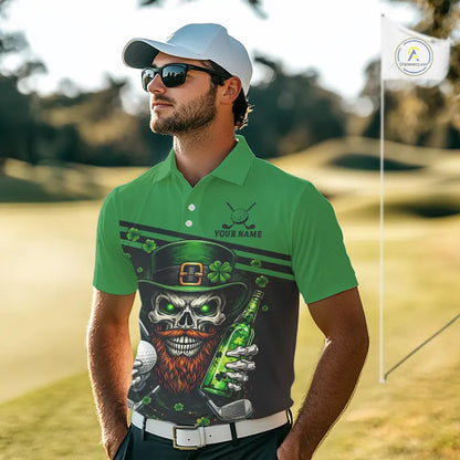 Green St Patrick Skull Golf and Beer Polo Golf shirts for Men Custom Team Mens Golf attire NQS11475