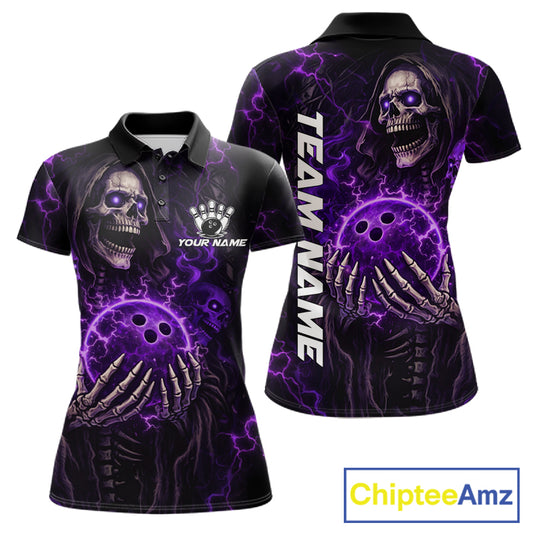 Personalized Skull Bowling Shirt For Women Custom Team's Name Black and Purple Flame Bowler Jerseys NQS11659